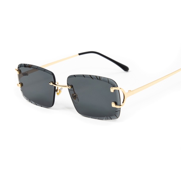 Men's Gem Cut Black Tint Gold Frame Hip Hop Rimless Luxury Rectangle Sunglasses - Picture 2 of 5